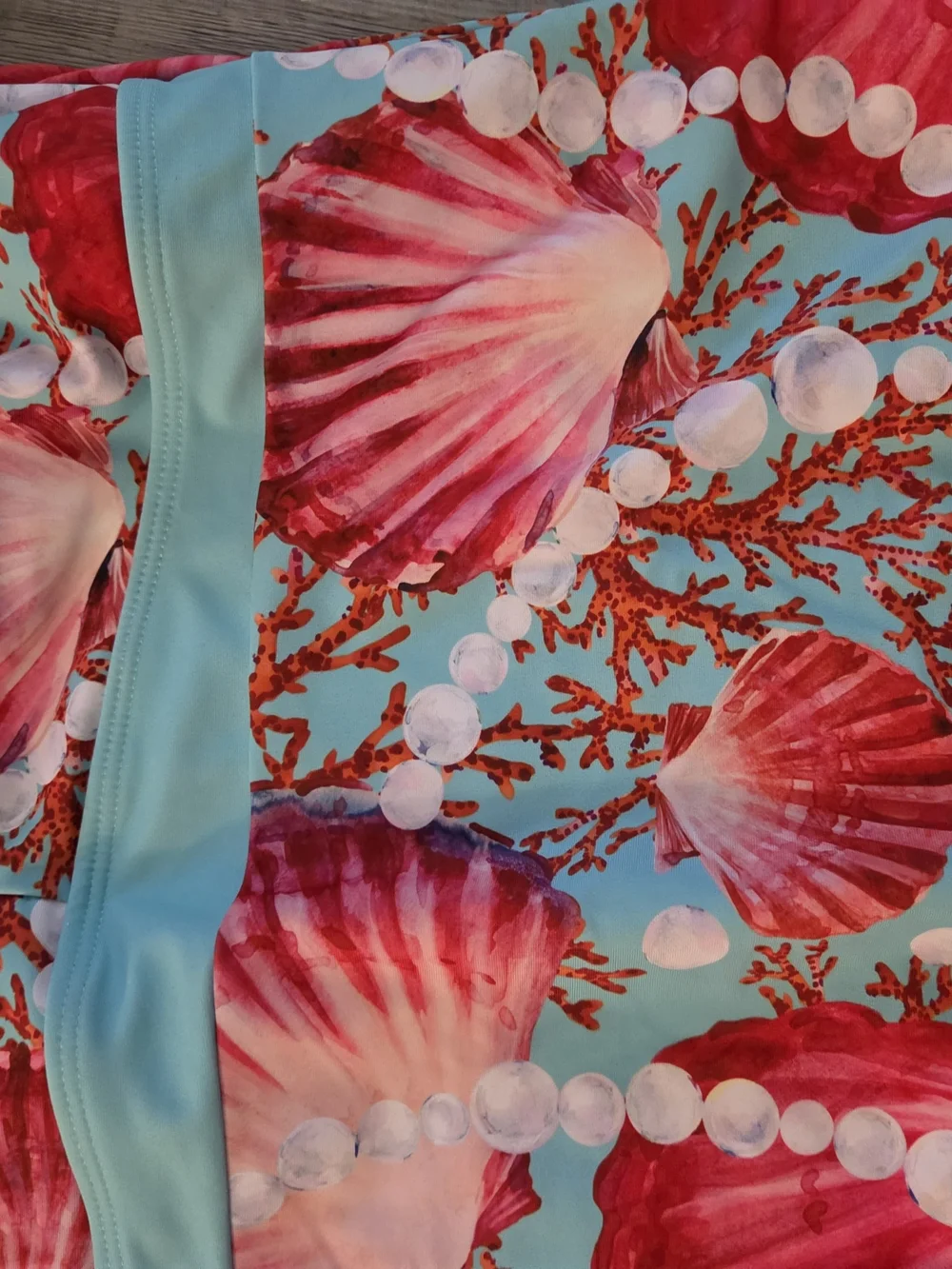 One-Piece Swimsuit in Teal with Pink Shell Print. Plus Size 1X